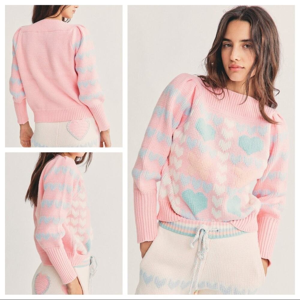LoveShackFancy Gizela Pullover Sweater Size M In Fairy Forest Multi Hearts Print